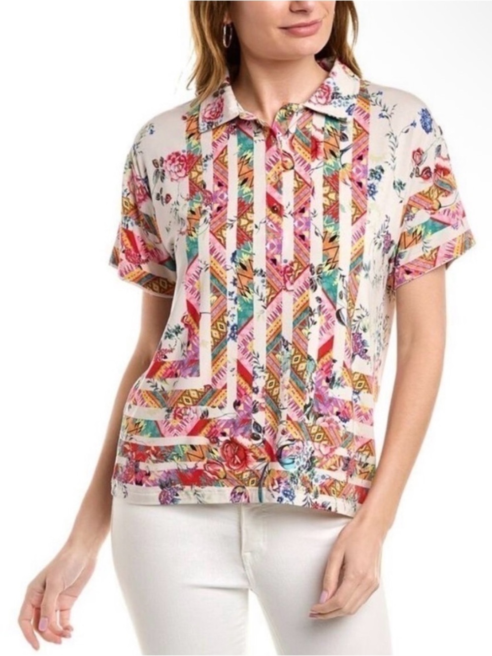 Johnny Was Multi-Color Floral & Geo Stripe Short Sleeve Top